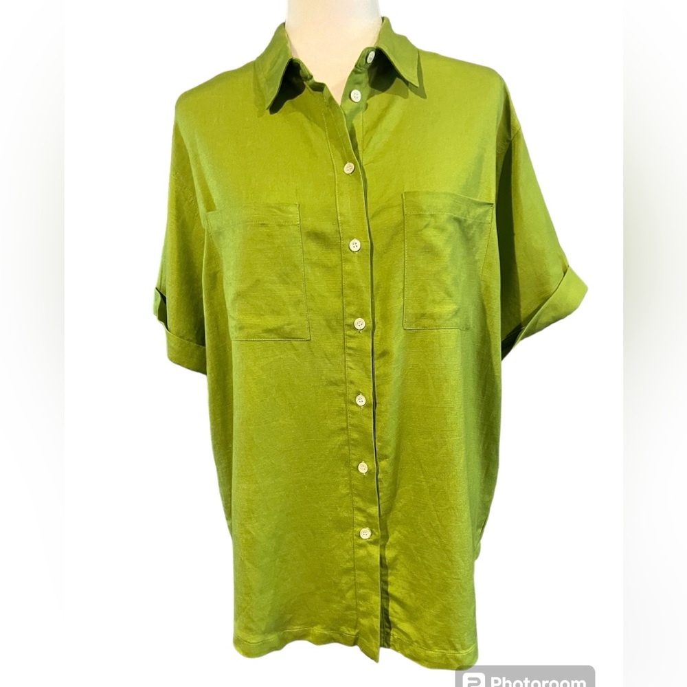 FRNCH Women’s Linen Blend Bright Green Oversized Button Down Short Sleeve Top M